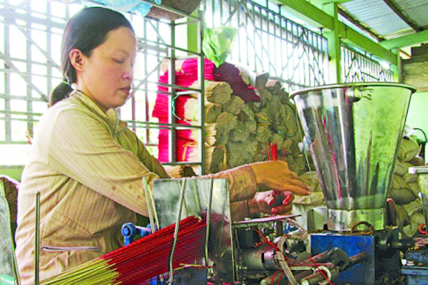 Chị Lê Bích Hạnh ở khóm 1, thị trấn U Minh được vay vốn ưu đãi  đầu tư máy làm hương, mỗi ngày thu nhập trên 100 nghìn đồng
