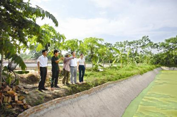 Ông Nguyễn Hồng Thao (ngoài cùng, bên trái) thăm mô hình trang trại của một hộ vay vốn