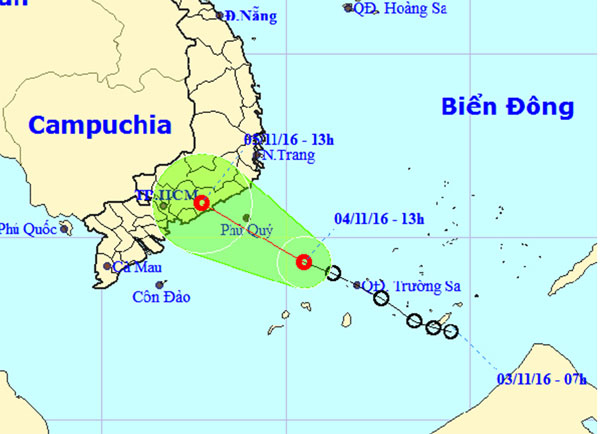 Vị trí và dự báo đường đi của áp thấp nhiệt đới Ảnh: Trung tâm Dự báo khí tượng thủy văn Trung ương
