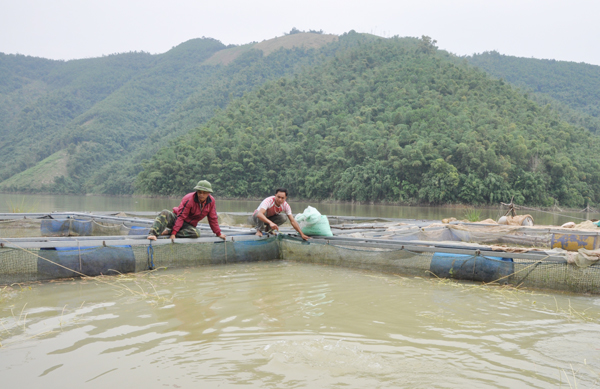 Người nghèo ở xã Vầy Nưa, huyện Đà Bắc vay vốn chính sách nuôi cá lồng bè trên lòng hồ sông Đà Ảnh: Lương Xuân