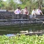 Cán bộ NHCSXH huyện thăm mô hình nuôi cá Chình của bà Nguyễn Thị Lang ở xã Vinh Mỹ, huyện Phú Lộc