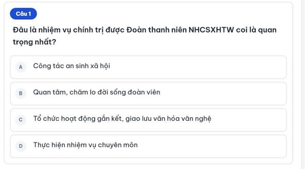 Các câu hỏi đa dạng, bám sát thực tiễn hoạt động của Đoàn thanh niên NHCSXHTW