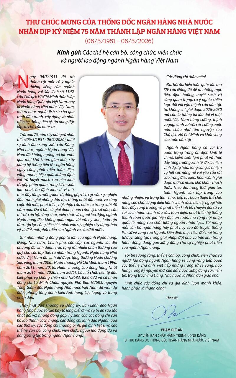 Thư chúc mừng kỷ niệm 75 năm thành lập Ngân hàng Việt Nam